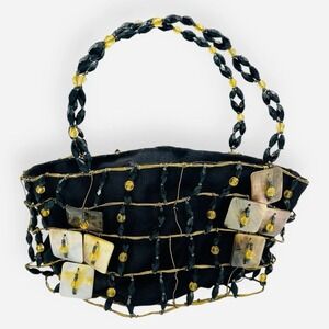 Vintage Italian Evening Bag Purse Black Gold Wire Mother Of Pearl Clutch Italy